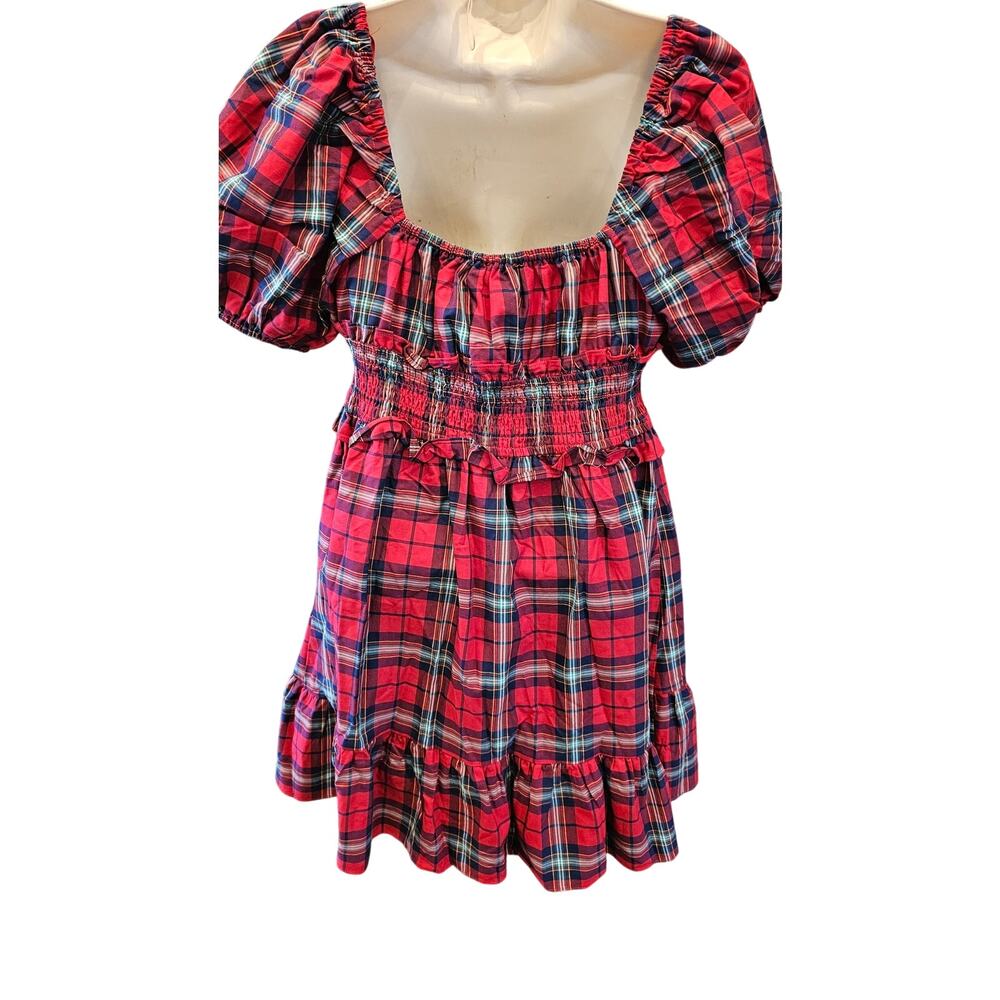 phoebe check puff sleeve mini dress in red multi tartan holiday Christmas M - Picture 4 of 10